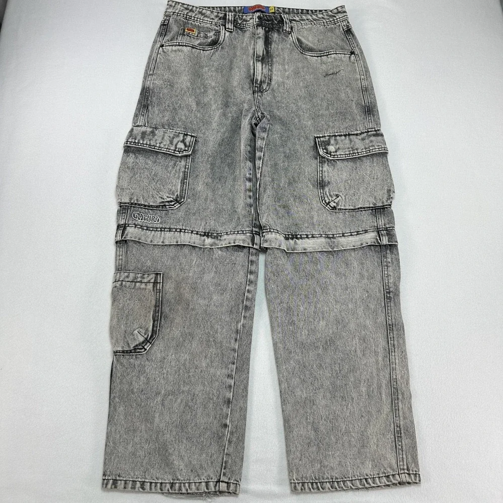 Empyre Jeans Mens 34x30 Gray Relaxed Wide Leg Cargo Acid Wash Denim Streetwear